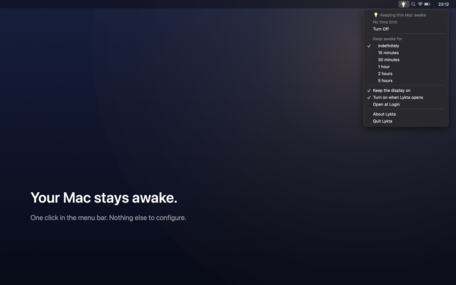 Lykta's menu open in the macOS menu bar, showing the duration options